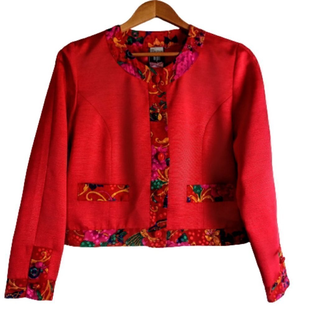 Vintage Montage Night Red Multicolor Jacquard Trim Jacket